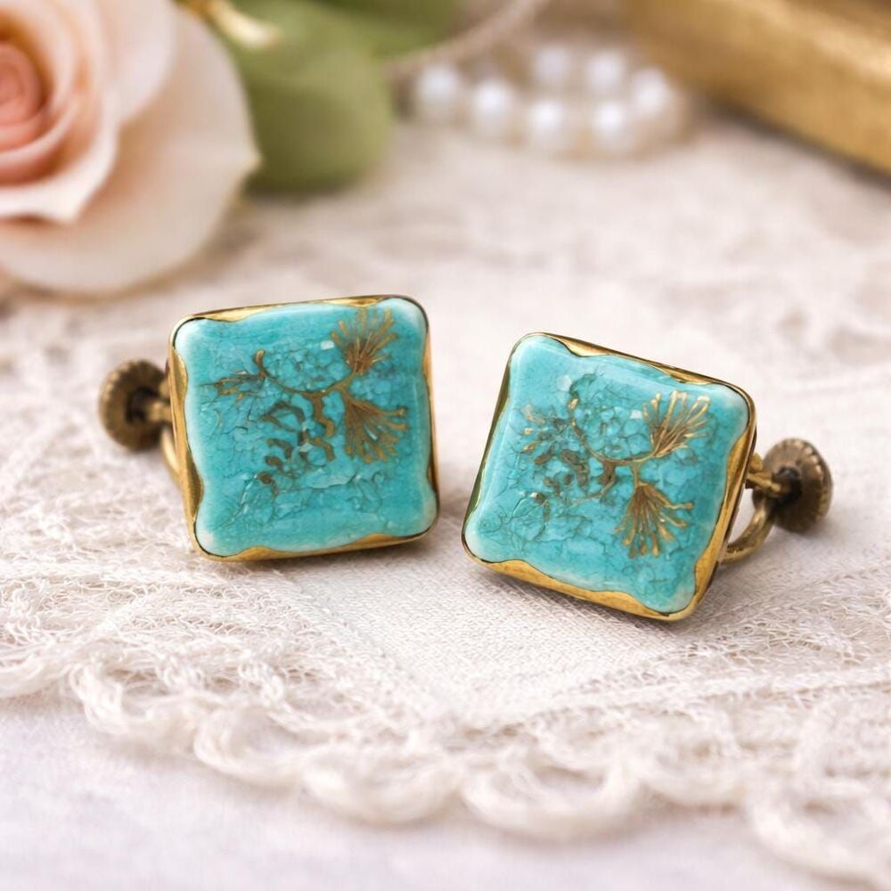 Vintage Turquoise Enamel Screw Back Earrings | Mid Century Retro Jewelry w/box